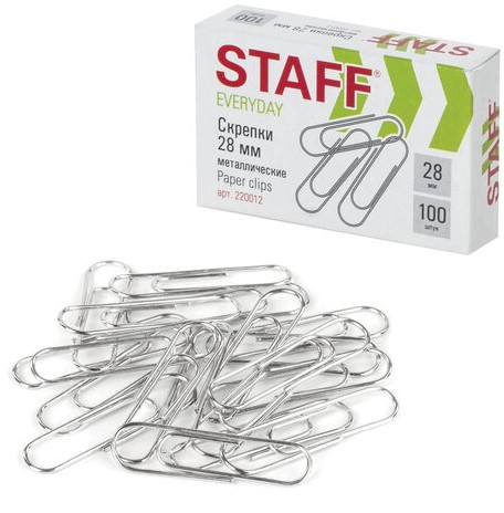 Скрепки STAFF EVERYDAY, 28 мм, металлические, (100 шт;уп), 220012