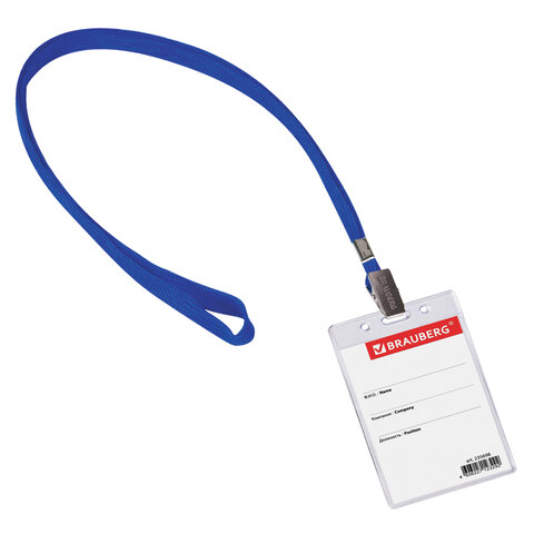 Бейдж вертикальный Brauberg 90 х 60 мм на синем шнурке, 235698