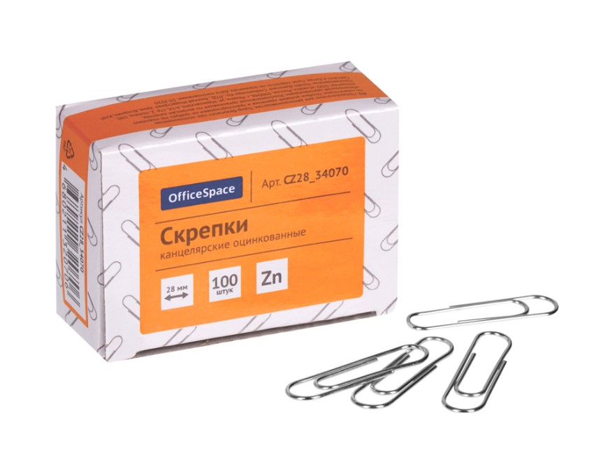 Скрепки 28 мм, OfficeSpace, 100 шт, оцинкованные, карт. упаковка, CZ28_34070