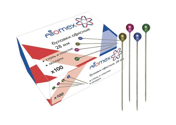 Булавки офисные 'Attomex' с пластиковой цветной шляпкой 38 мм, (100 шт;уп), 4130300