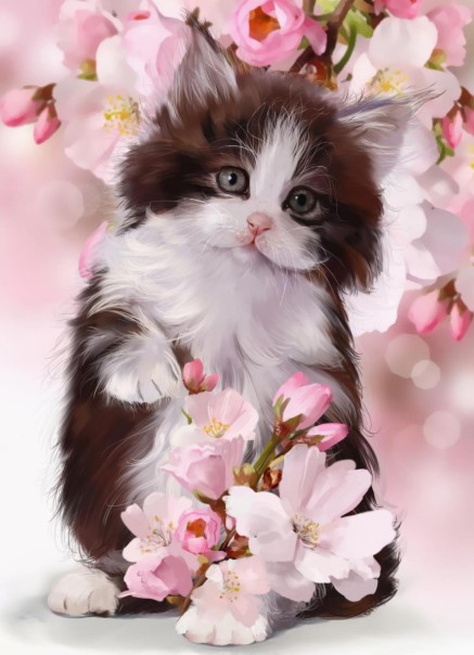 Алмазная мозайка 'Котенок и сакура' (блест) 20х30 см, на картоне с част. заполн. 17 цветов, НД-0979