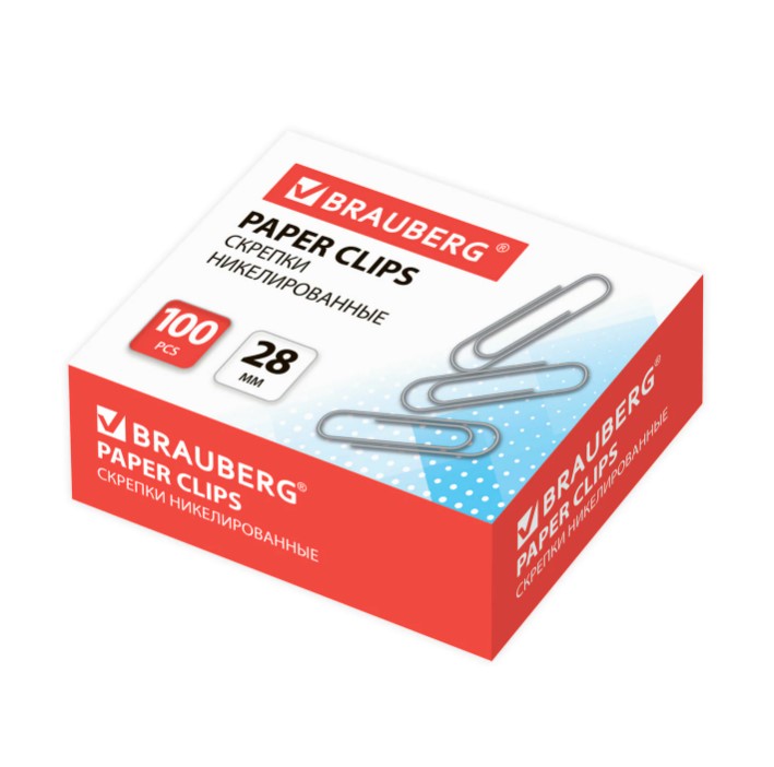 Скрепки BRAUBERG, 28 мм, никелированные, 100 шт., в картонной коробке, Россия, 221523