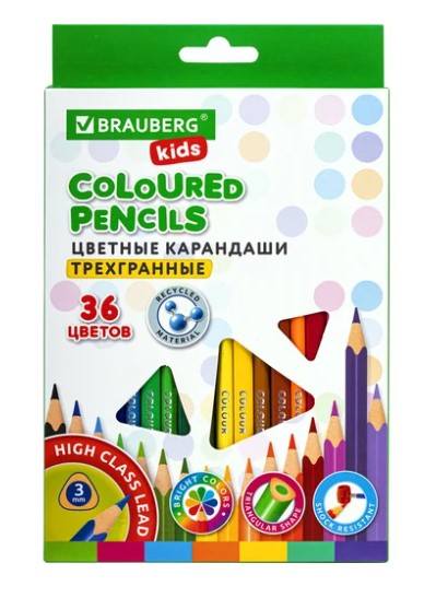 Карандаши цветные BRAUBERG KIDS, 36 цветов, трехгранный корпус, грифель мягкий 3 мм, 181945