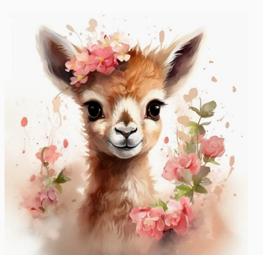 Холст с красками 20х20 см, по номер, (16цв) Оленёнок в цветах, Х-0638