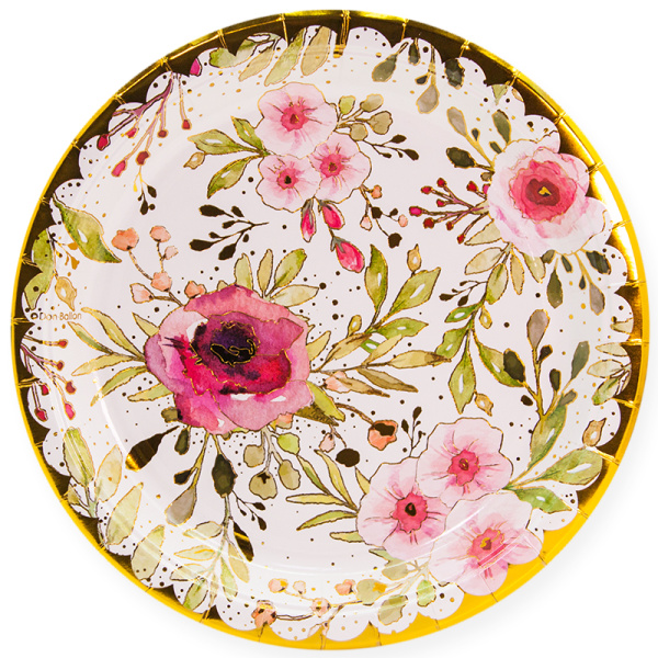 Тарелки (9'';23 см) Акварельные цветы, Белый, Металлик,(6 шт;уп), 690046